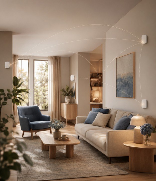 A warm, connected living room supported quietly by Sension